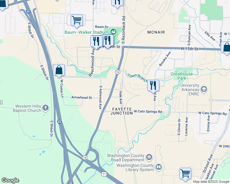 map of restaurants, bars, coffee shops, grocery stores, and more near 1437 Sligo Street in Fayetteville