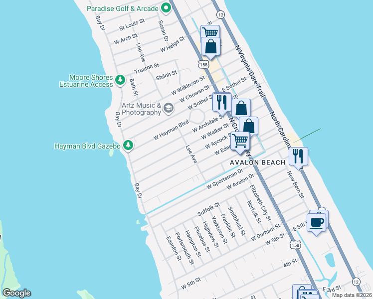 map of restaurants, bars, coffee shops, grocery stores, and more near 409 West Walker Street in Kill Devil Hills