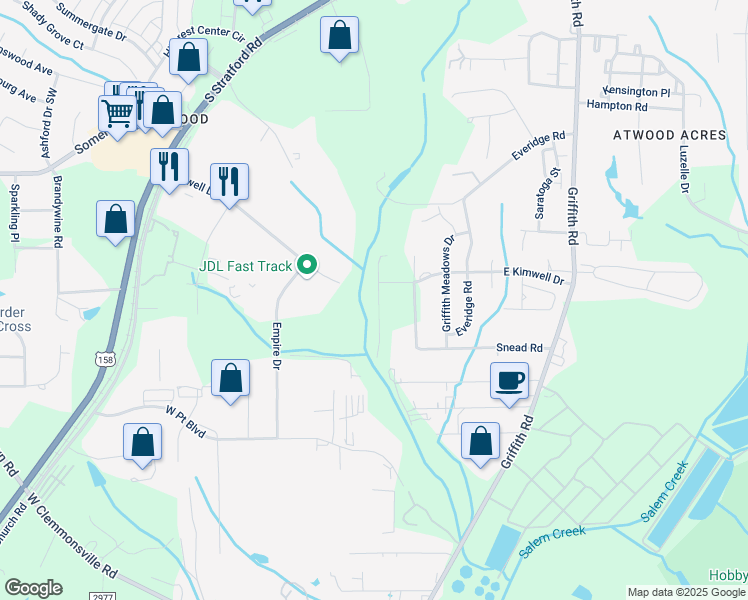 map of restaurants, bars, coffee shops, grocery stores, and more near 425 Carolyn Drive in Winston-Salem