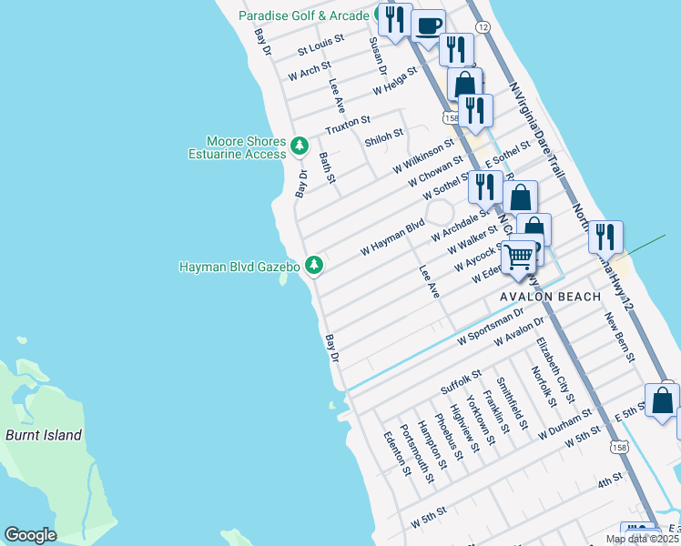 map of restaurants, bars, coffee shops, grocery stores, and more near 601 Hayman Boulevard in Kill Devil Hills