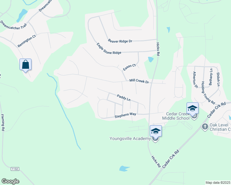 map of restaurants, bars, coffee shops, grocery stores, and more near 220 Paddy Lane in Youngsville
