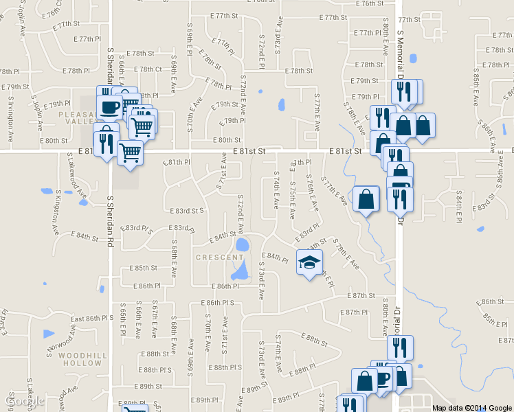 map of restaurants, bars, coffee shops, grocery stores, and more near 8240 South 73rd East Avenue in Tulsa