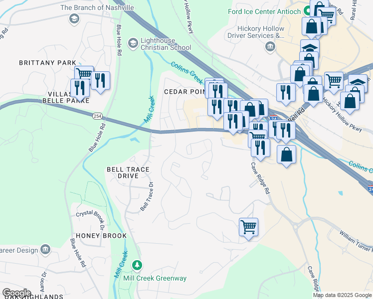 map of restaurants, bars, coffee shops, grocery stores, and more near 1415 Arbor Ridge Drive in Nashville