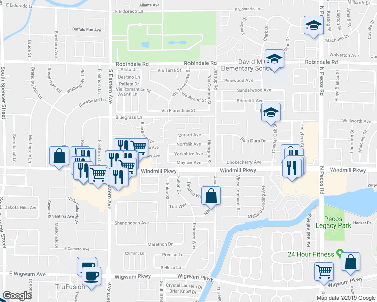 map of restaurants, bars, coffee shops, grocery stores, and more near 2818 Yorkshire Avenue in Henderson