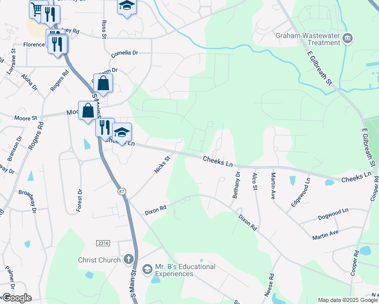 map of restaurants, bars, coffee shops, grocery stores, and more near 436 Peaceful Meadows Drive in Graham