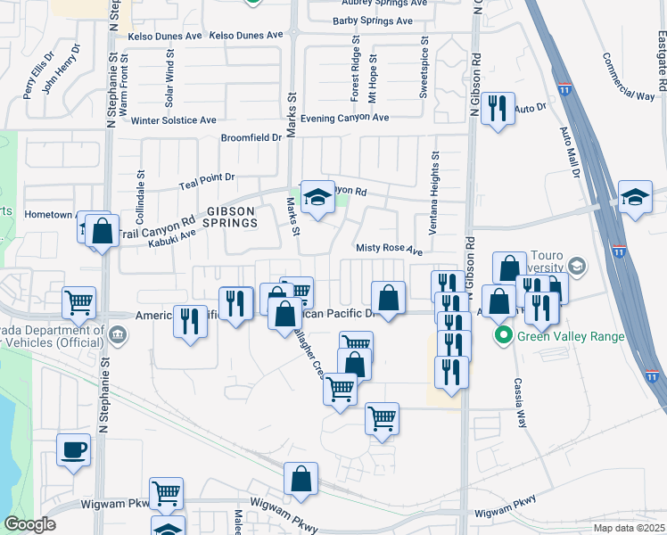 map of restaurants, bars, coffee shops, grocery stores, and more near 217 Boothbay Street in Henderson