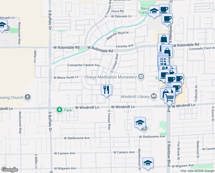 map of restaurants, bars, coffee shops, grocery stores, and more near 7966 Mohican Canyon Street in Las Vegas