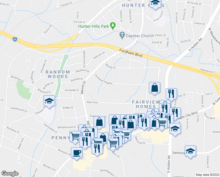 map of restaurants, bars, coffee shops, grocery stores, and more near 3909 Pioneer Way in Greensboro