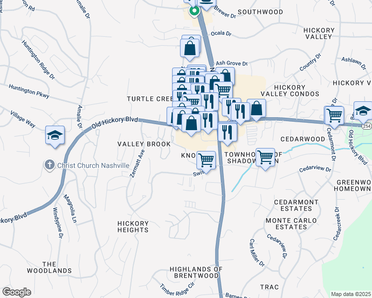 map of restaurants, bars, coffee shops, grocery stores, and more near 309 Knolls Place in Nashville