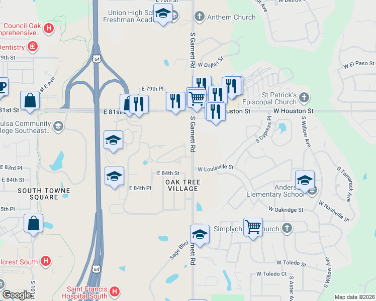 map of restaurants, bars, coffee shops, grocery stores, and more near 8241 South 112th East Avenue in Tulsa