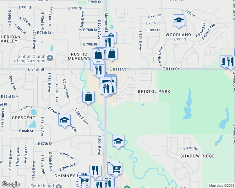 map of restaurants, bars, coffee shops, grocery stores, and more near 8302 East 84th Street in Tulsa