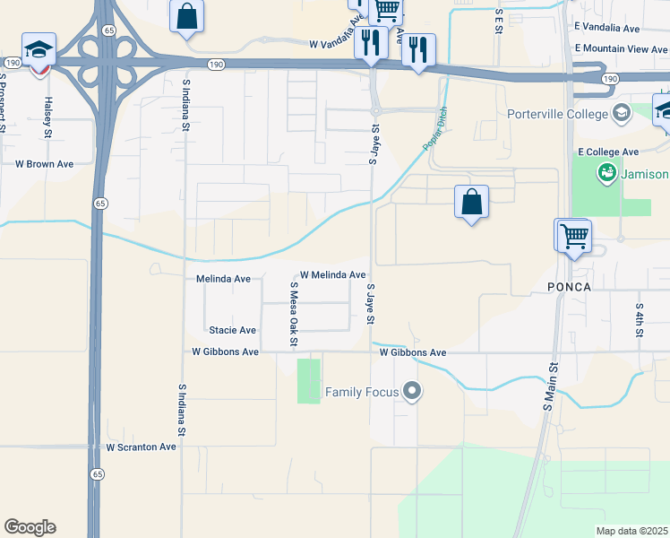 map of restaurants, bars, coffee shops, grocery stores, and more near 508 West Melinda Avenue in Porterville