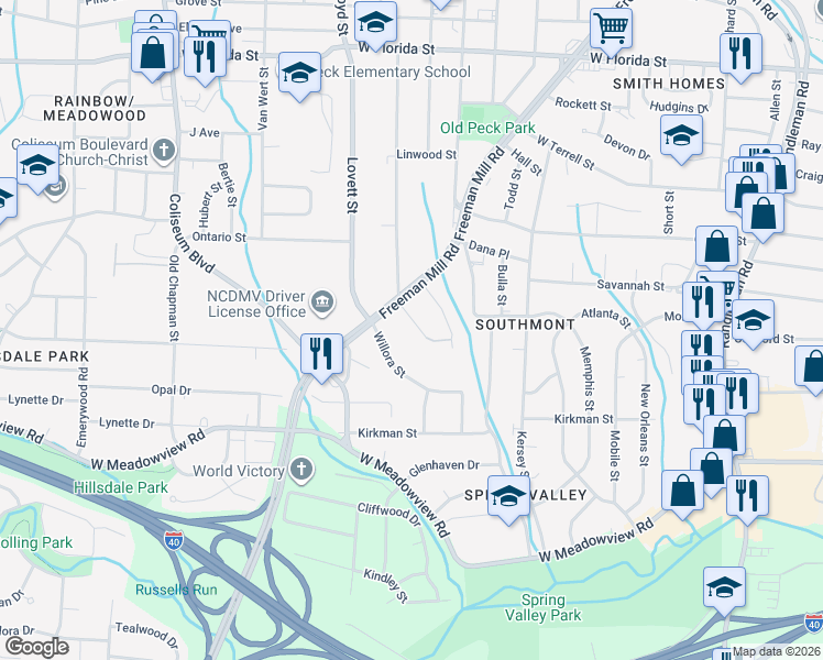 map of restaurants, bars, coffee shops, grocery stores, and more near 1806a Willomore Street in Greensboro