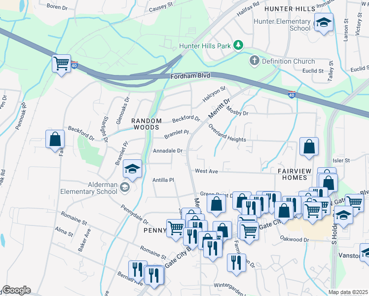 map of restaurants, bars, coffee shops, grocery stores, and more near 4000 Annadale Drive in Greensboro