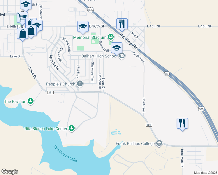 map of restaurants, bars, coffee shops, grocery stores, and more near Rita Blanca Trail in Dalhart