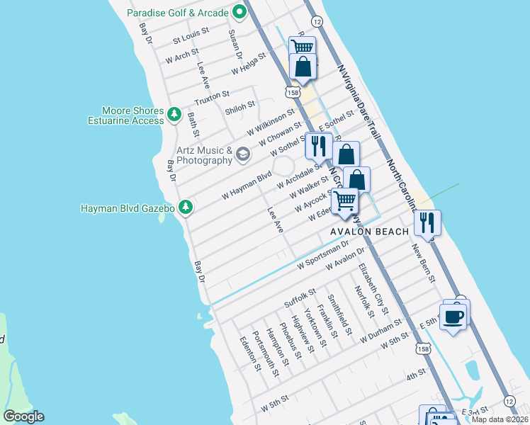 map of restaurants, bars, coffee shops, grocery stores, and more near 409 West Walker Street in Kill Devil Hills