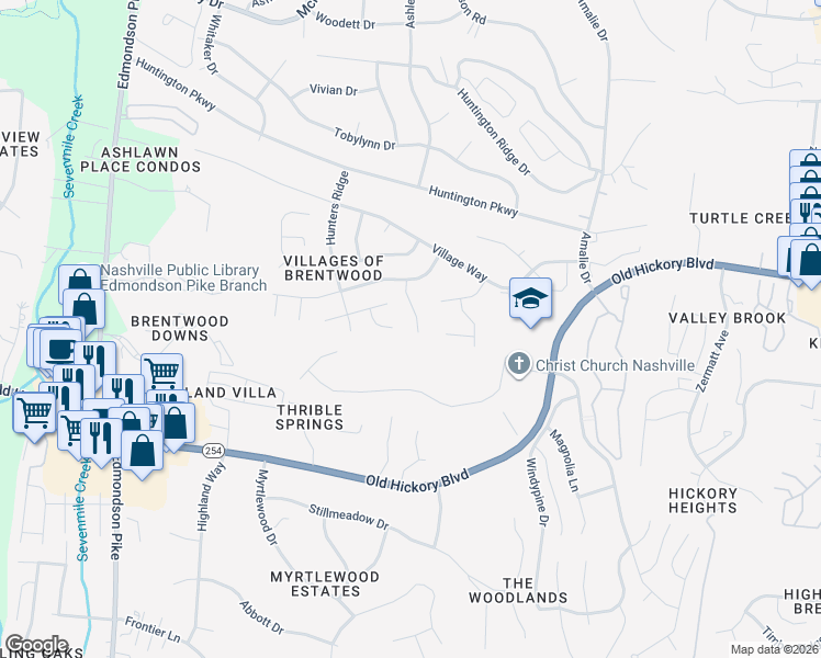 map of restaurants, bars, coffee shops, grocery stores, and more near 5337 Old Village Road in Nashville