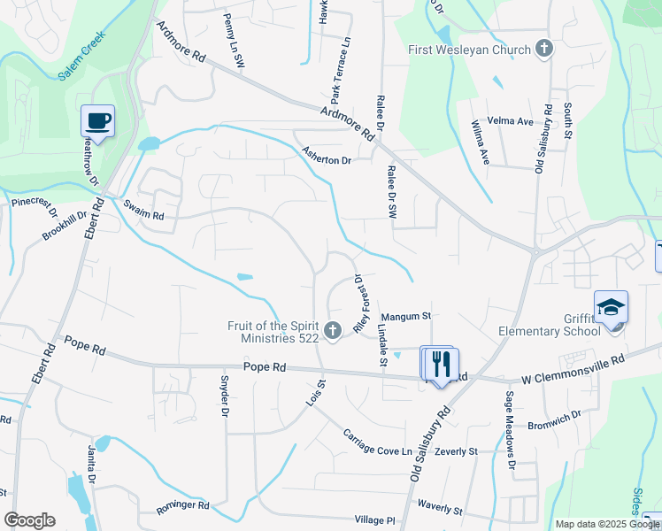 map of restaurants, bars, coffee shops, grocery stores, and more near 165 Riley Forest Court in Winston-Salem