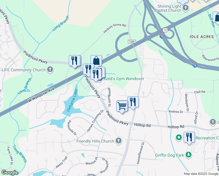 map of restaurants, bars, coffee shops, grocery stores, and more near 3128 High Bridge Circle in Jamestown