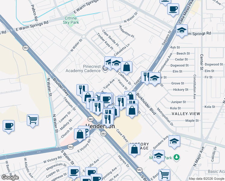 map of restaurants, bars, coffee shops, grocery stores, and more near 114 Joshua Street in Henderson