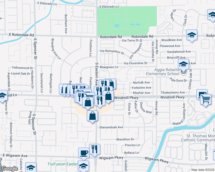 map of restaurants, bars, coffee shops, grocery stores, and more near 2550 Begonia Valley Avenue in Henderson