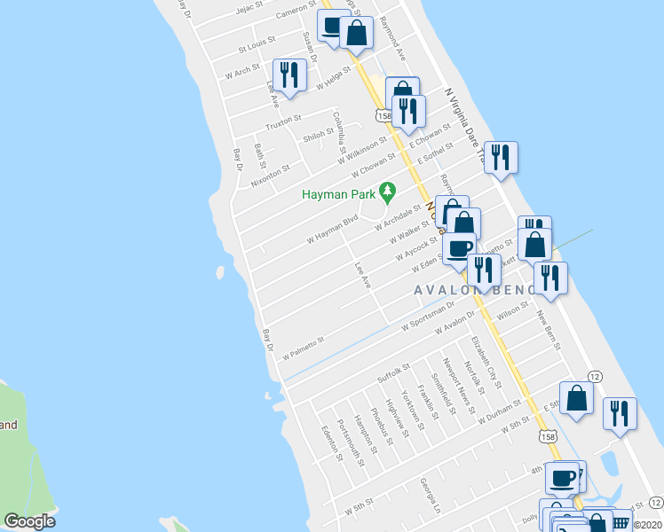 map of restaurants, bars, coffee shops, grocery stores, and more near 424 West Walker Street in Kill Devil Hills