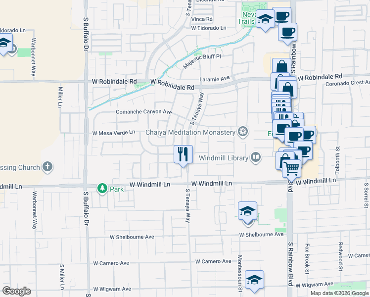 map of restaurants, bars, coffee shops, grocery stores, and more near 7966 Mohican Canyon Street in Las Vegas
