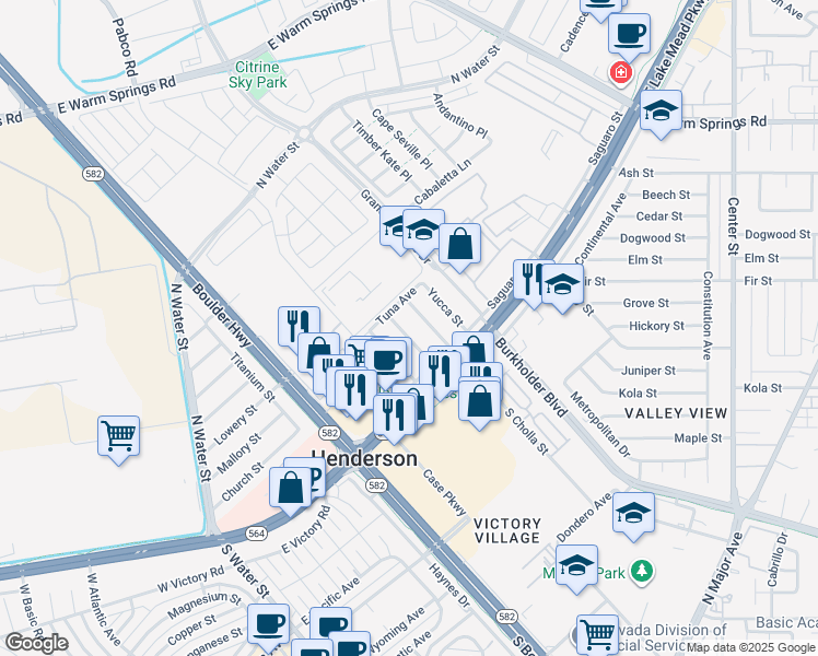 map of restaurants, bars, coffee shops, grocery stores, and more near 114 Joshua Street in Henderson