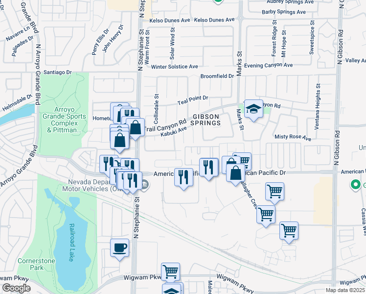 map of restaurants, bars, coffee shops, grocery stores, and more near 1130 Light Sky Avenue in Henderson