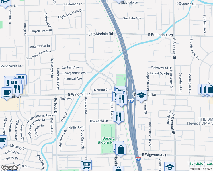 map of restaurants, bars, coffee shops, grocery stores, and more near 1125 East Adelman Drive in Las Vegas
