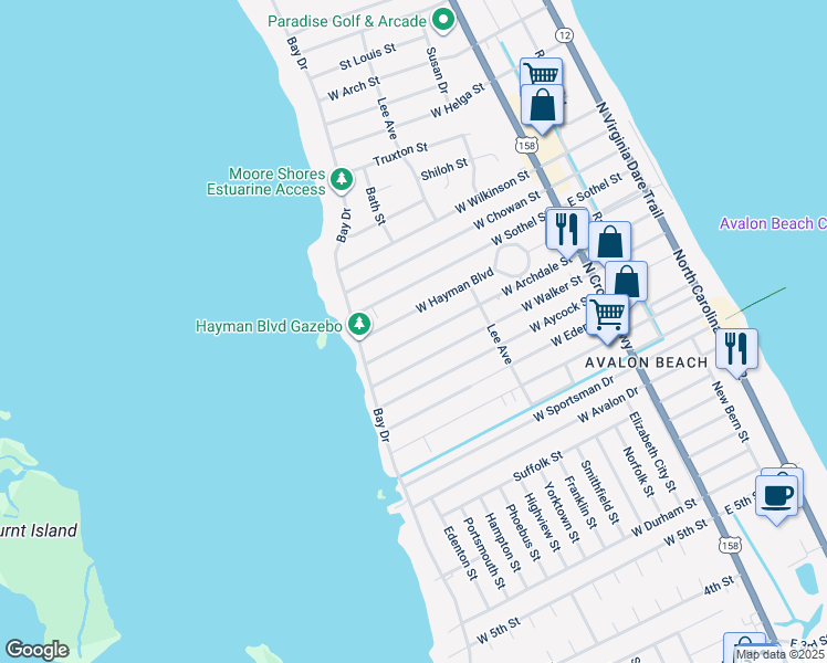 map of restaurants, bars, coffee shops, grocery stores, and more near 518 W Archdale St in Kill Devil Hills