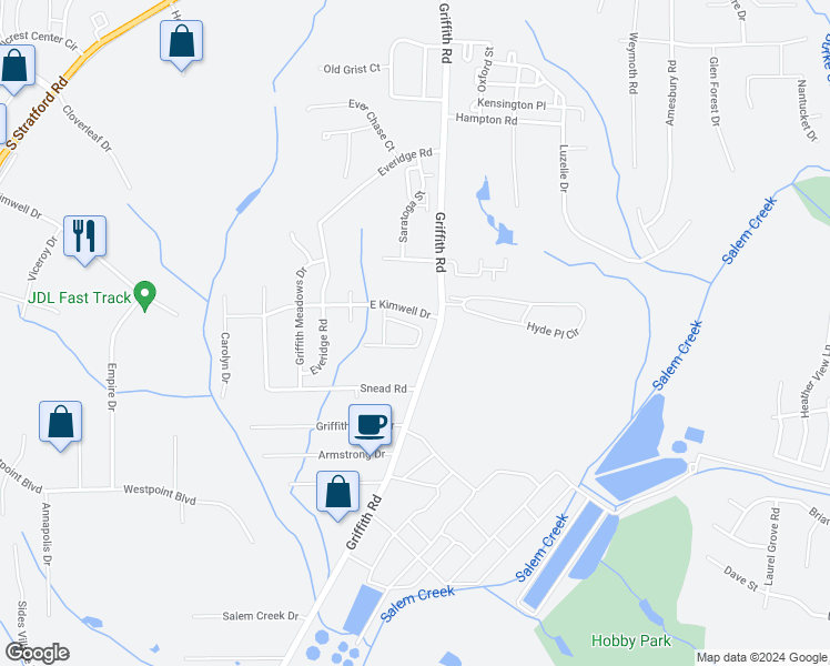 map of restaurants, bars, coffee shops, grocery stores, and more near 2398 Hartfield Circle in Winston-Salem