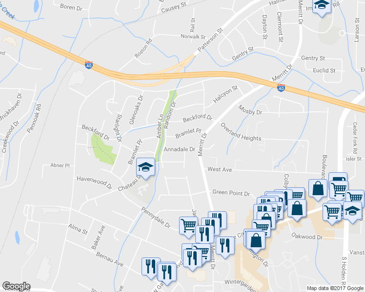 map of restaurants, bars, coffee shops, grocery stores, and more near 4102 Annadale Drive in Greensboro