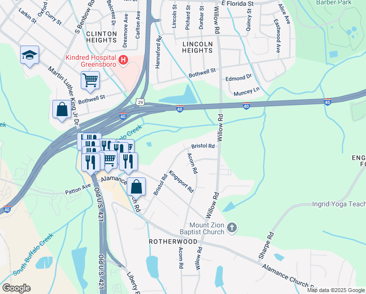 map of restaurants, bars, coffee shops, grocery stores, and more near 1802 Bristol Road in Greensboro