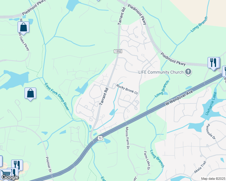 map of restaurants, bars, coffee shops, grocery stores, and more near 3662 Waterwheel Court in Greensboro