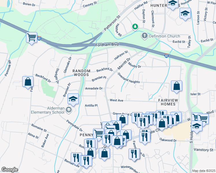 map of restaurants, bars, coffee shops, grocery stores, and more near 1919 Merritt Drive in Greensboro