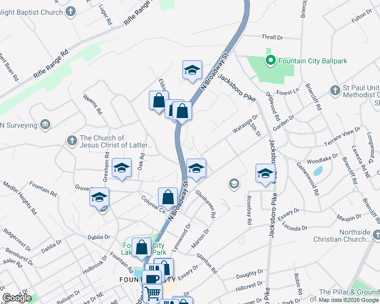 map of restaurants, bars, coffee shops, grocery stores, and more near 5540 North Broadway Street in Knoxville