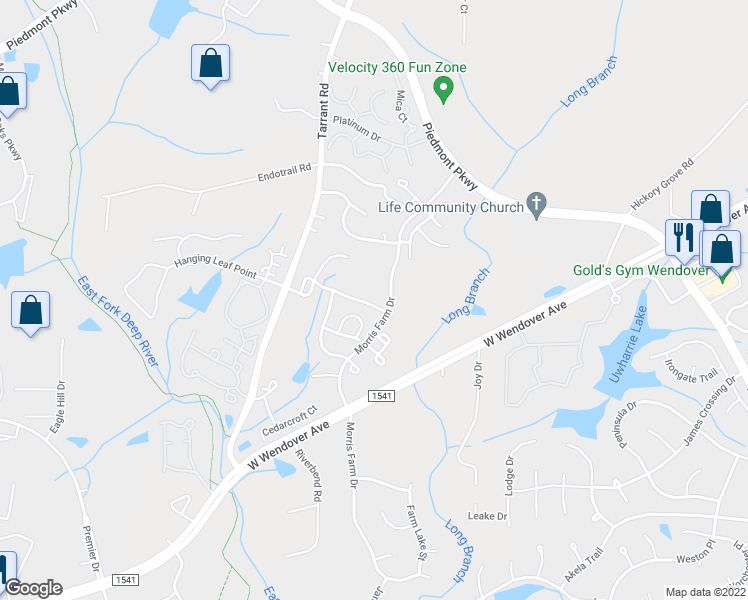 map of restaurants, bars, coffee shops, grocery stores, and more near 4342 Rocky Brook Court in Greensboro