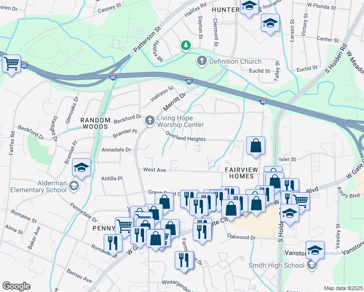 map of restaurants, bars, coffee shops, grocery stores, and more near 3911 Pioneer Way in Greensboro