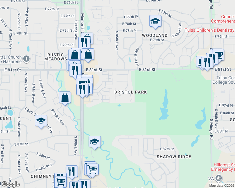 map of restaurants, bars, coffee shops, grocery stores, and more near 8505 East 83rd Street in Tulsa