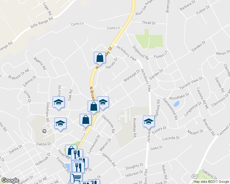 map of restaurants, bars, coffee shops, grocery stores, and more near 310 Watauga Drive in Knoxville