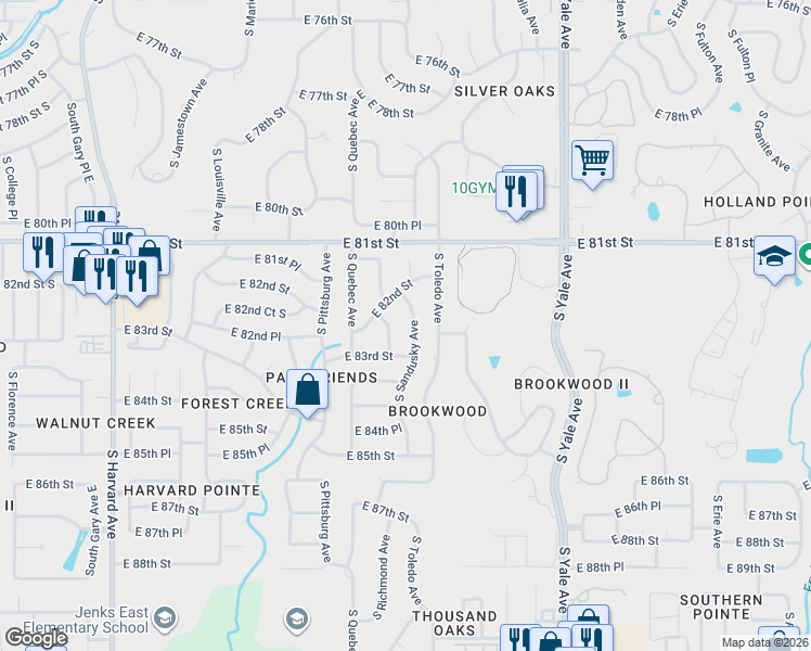 map of restaurants, bars, coffee shops, grocery stores, and more near 8234 South Sandusky Avenue in Tulsa