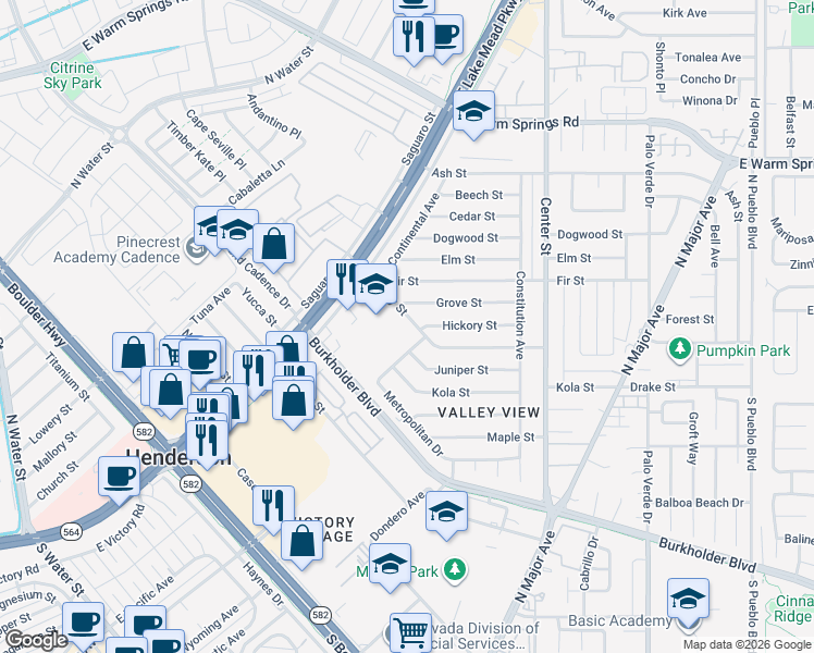 map of restaurants, bars, coffee shops, grocery stores, and more near 100 Metropolitan Drive in Henderson