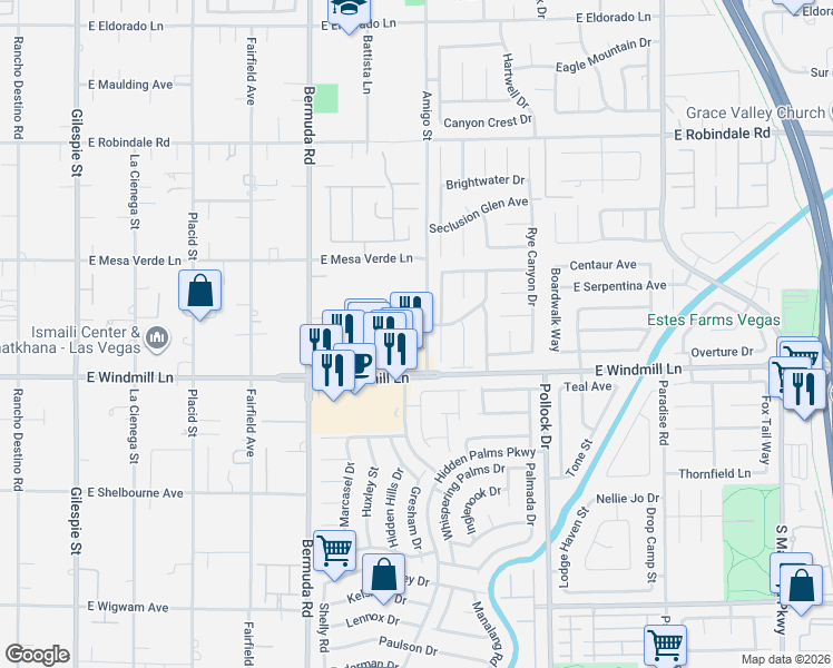 map of restaurants, bars, coffee shops, grocery stores, and more near 580 East Windmill Lane in Las Vegas