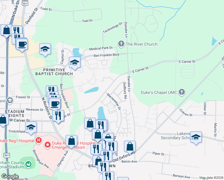 map of restaurants, bars, coffee shops, grocery stores, and more near 505 Stratton Way in Durham