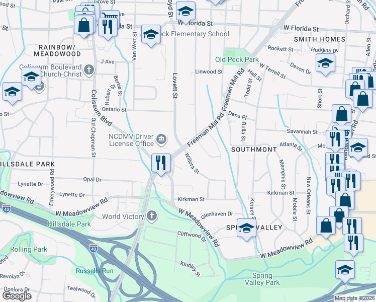 map of restaurants, bars, coffee shops, grocery stores, and more near 2417 Freeman Mill Road in Greensboro