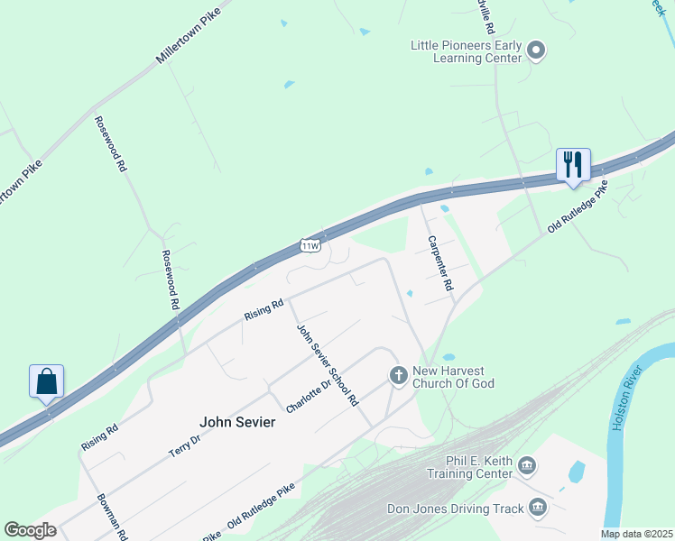 map of restaurants, bars, coffee shops, grocery stores, and more near 7324 Rising Road in Knoxville