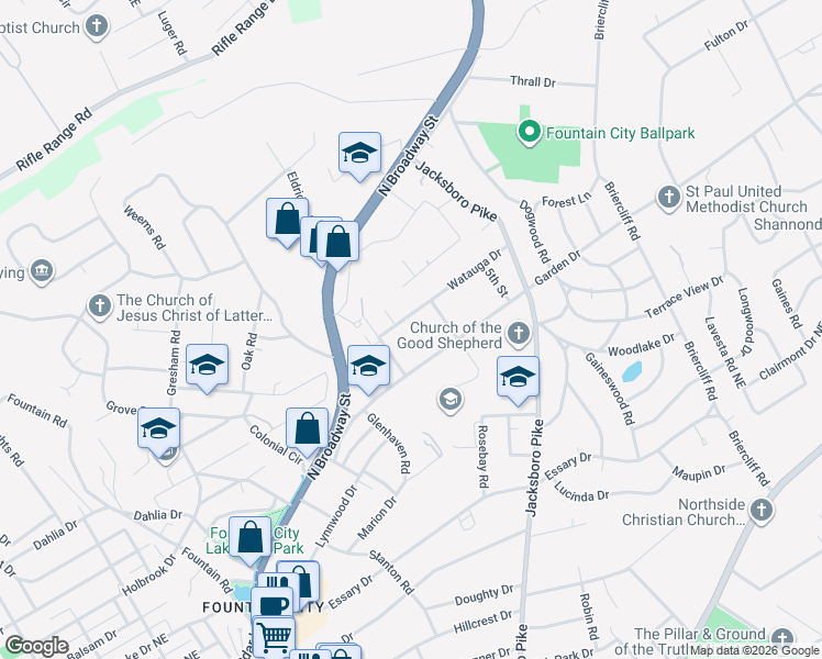 map of restaurants, bars, coffee shops, grocery stores, and more near 310 Watauga Drive in Knoxville