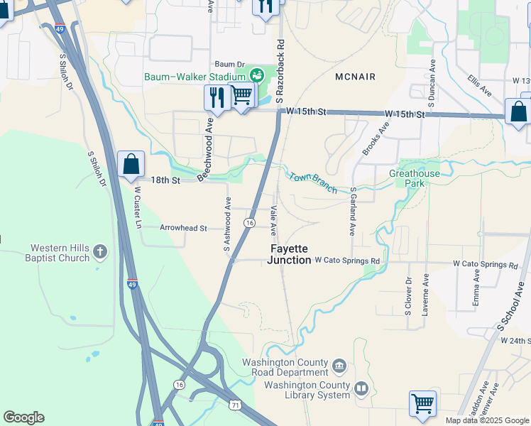 map of restaurants, bars, coffee shops, grocery stores, and more near 1437 Sligo Street in Fayetteville