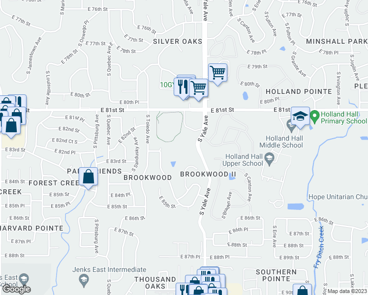 map of restaurants, bars, coffee shops, grocery stores, and more near 8222 South Yale Avenue in Tulsa